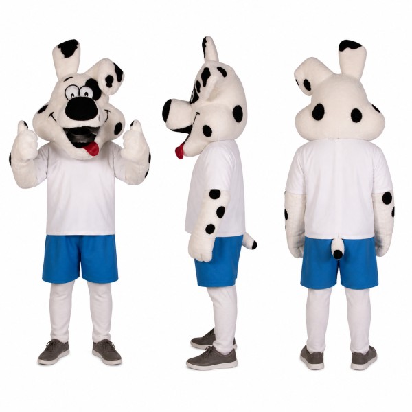 Spotted Dog Mascot Costume in White with Blue Shorts Adult