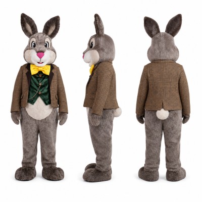 Rabbit Mascot Costume in Gray with Green Vest Adult