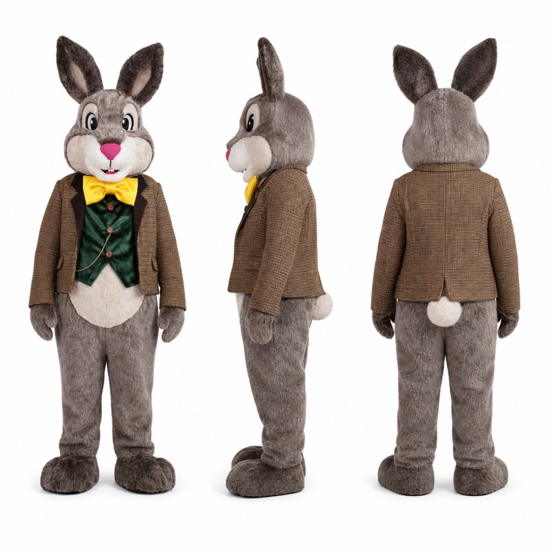 Rabbit Mascot Costume in Gray with Green Vest Adult
