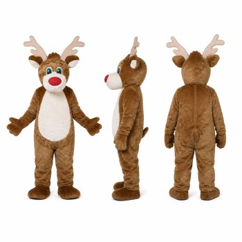 Reindeer Mascot Costume in Brown with Red Nose Adult