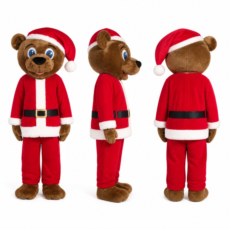Santa Bear Mascot Costume in Brown with Red Suit Adult