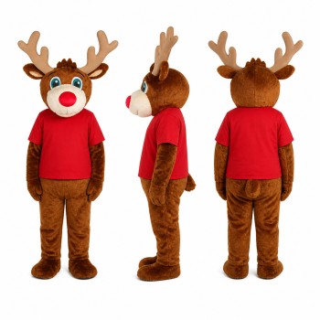 Reindeer Mascot Costume in Brown with Red Shirt Adult