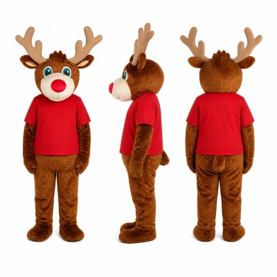 Reindeer Mascot Costume in Brown with Red Shirt Adult