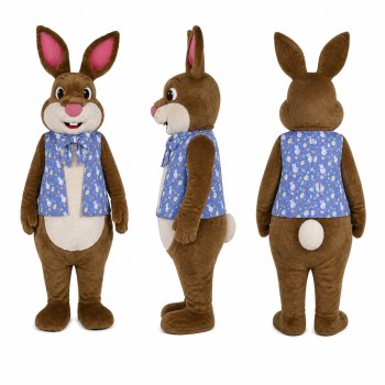 Rabbit Mascot Costume in Brown with Blue Scarf Adult