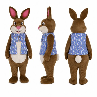 Rabbit Mascot Costume in Brown with Blue Scarf Adult