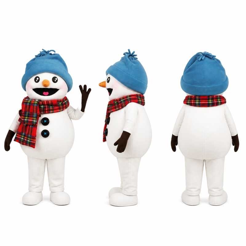 Snowman Mascot Costume in White with Blue Hat Adult