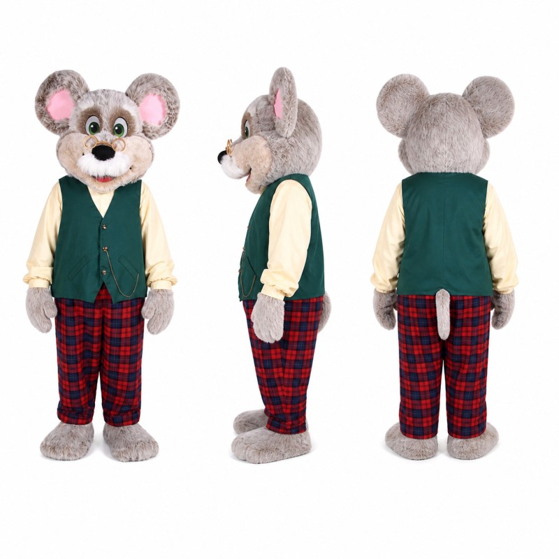 Mouse Mascot Costume in Gray with Green Vest Adult