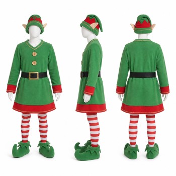 Elf Mascot Costume in Green with Red Striped Leggings Adult