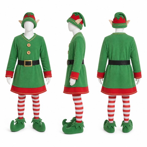 Elf Mascot Costume in Green with Red Striped Leggings Adult