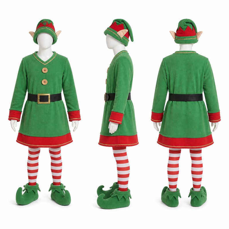 Elf Mascot Costume in Green with Red Striped Leggings Adult