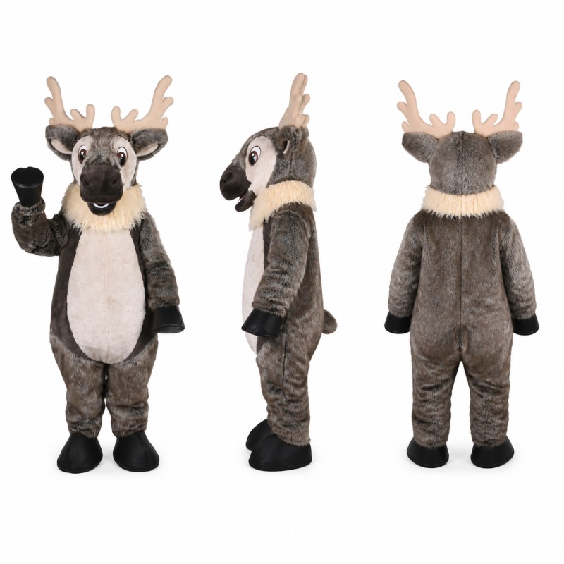 Reindeer Mascot Costume in Gray with Red Nose Adult