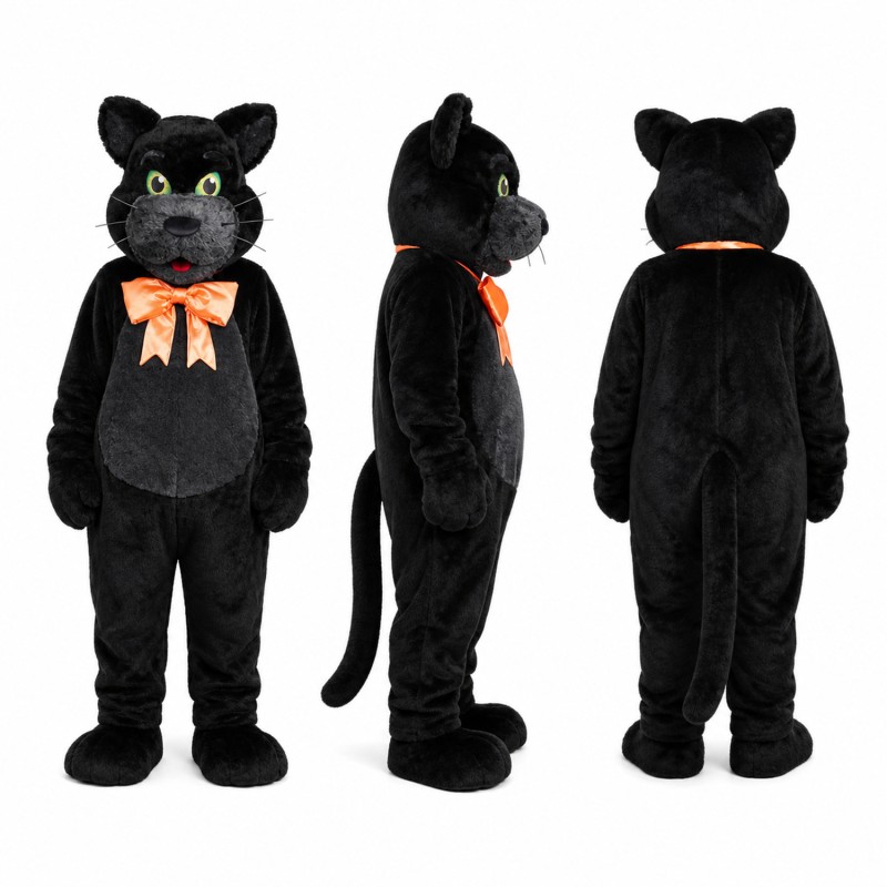 Cat Mascot Costume in Black with Orange Bow Adult