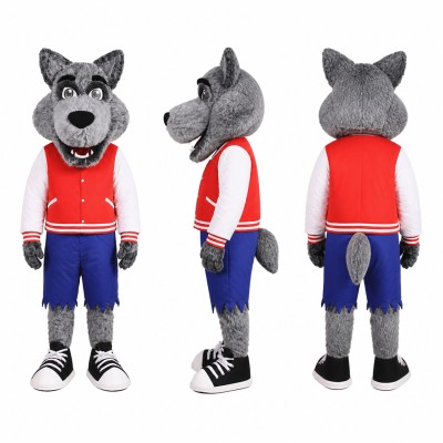 Wolf Mascot Costume in Gray with Red Varsity Jacket Adult