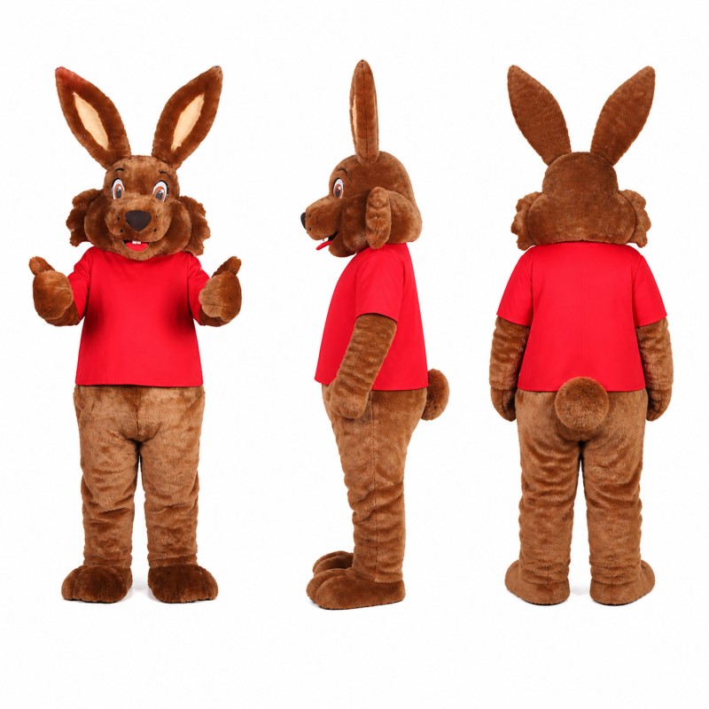 Rabbit Mascot Costume in Brown with Red Shirt Adult