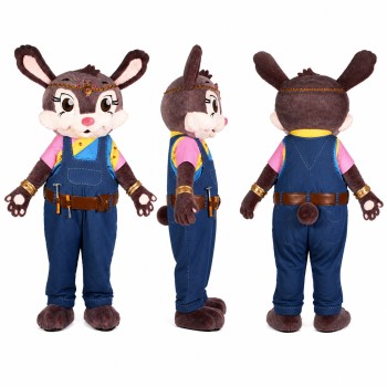 Female Deer Mascot Costume in Brown with Blue Overalls Adult