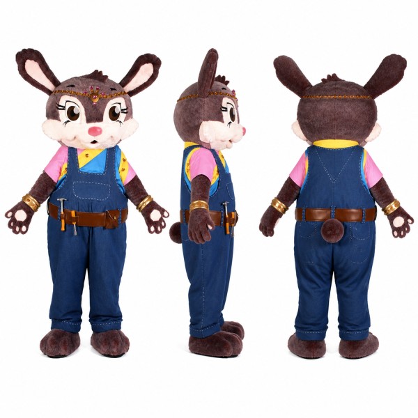 Female Deer Mascot Costume in Brown with Blue Overalls Adult