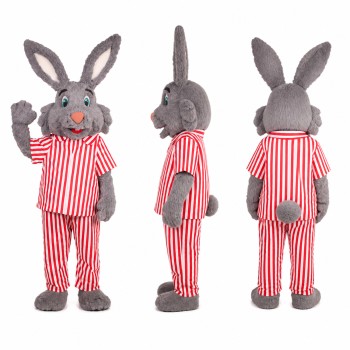 Rabbit Mascot Costume in Gray with Red Striped Pajamas Adult