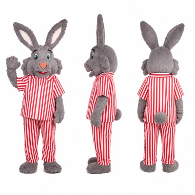 Rabbit Mascot Costume in Gray with Red Striped Pajamas Adult