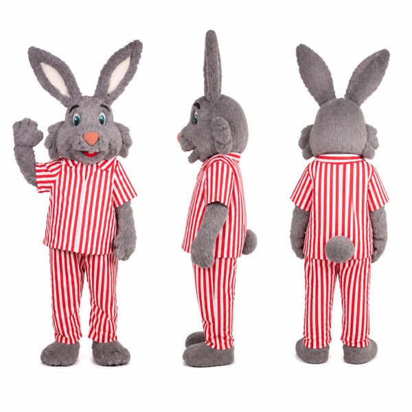 Rabbit Mascot Costume in Gray with Red Striped Pajamas Adult