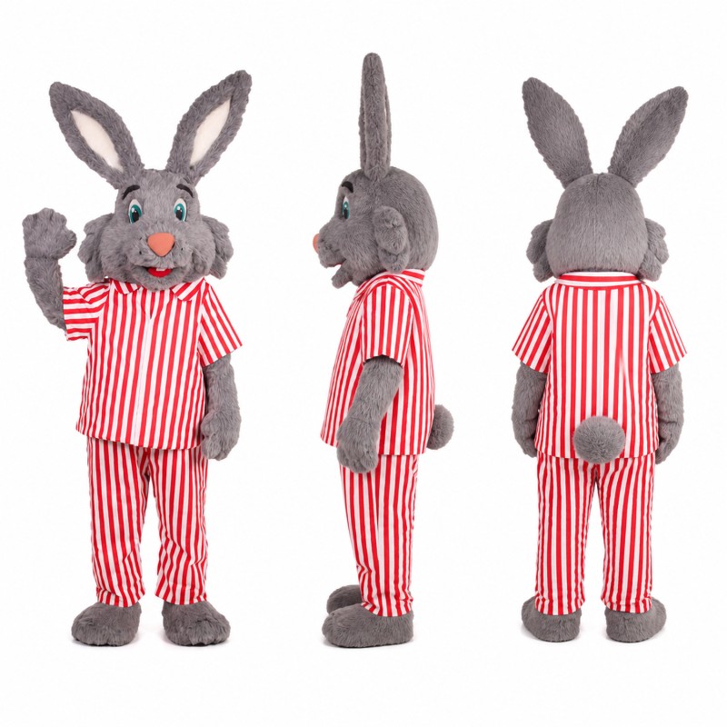 Rabbit Mascot Costume in Gray with Red Striped Pajamas Adult