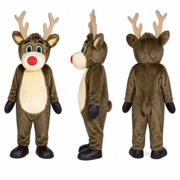 Reindeer Mascot Costume in Brown with Green Scarf Adult