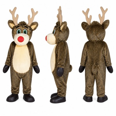 Reindeer Mascot Costume in Brown with Green Scarf Adult