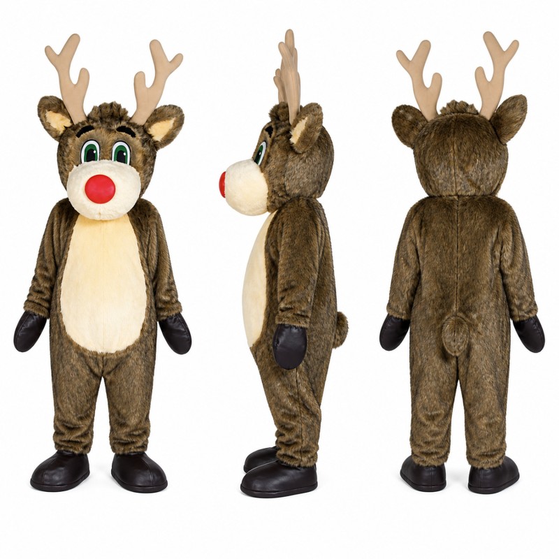 Reindeer Mascot Costume in Brown with Green Scarf Adult