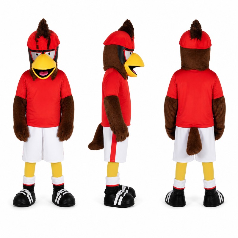 Rooster Mascot Costume in Brown with Red Polo Shirt Adult