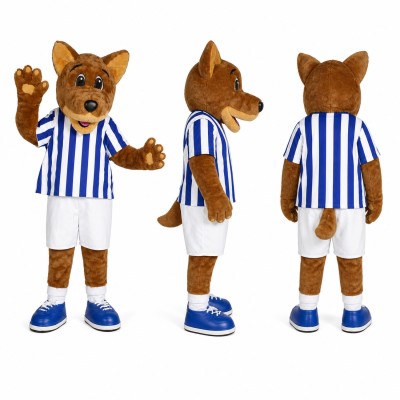 Fox Soccer Player Mascot Costume in Brown with Blue Stripes Adult