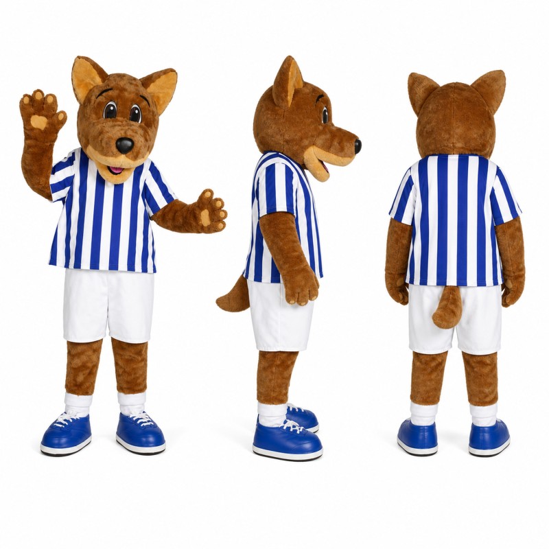 Fox Soccer Player Mascot Costume in Brown with Blue Stripes Adult