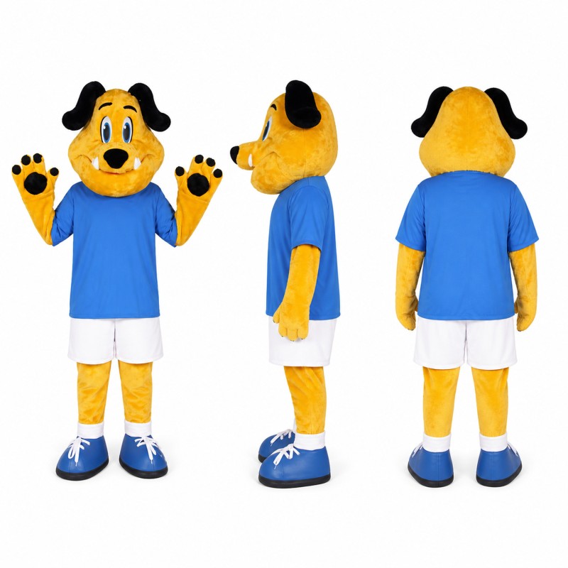 Dog Soccer Player Mascot Costume in Yellow and Blue Adult