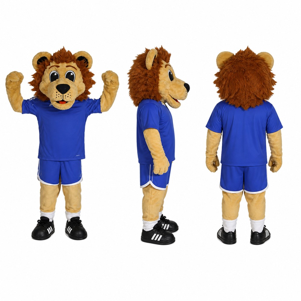 Lion Athlete Mascot Costume in Brown with Blue Uniform Adult Lion Athlete Mascot Costume in Brown with Blue Uniform Adult