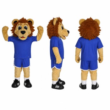 Lion Athlete Mascot Costume in Brown with Blue Uniform Adult
