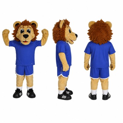Lion Athlete Mascot Costume in Brown with Blue Uniform Adult