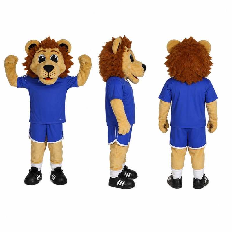 Lion Athlete Mascot Costume in Brown with Blue Uniform Adult