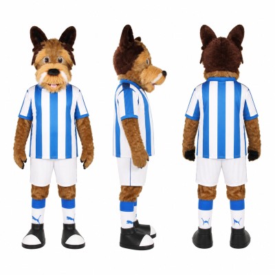 Dog Soccer Player Mascot Costume in Brown with Blue Stripes Adult