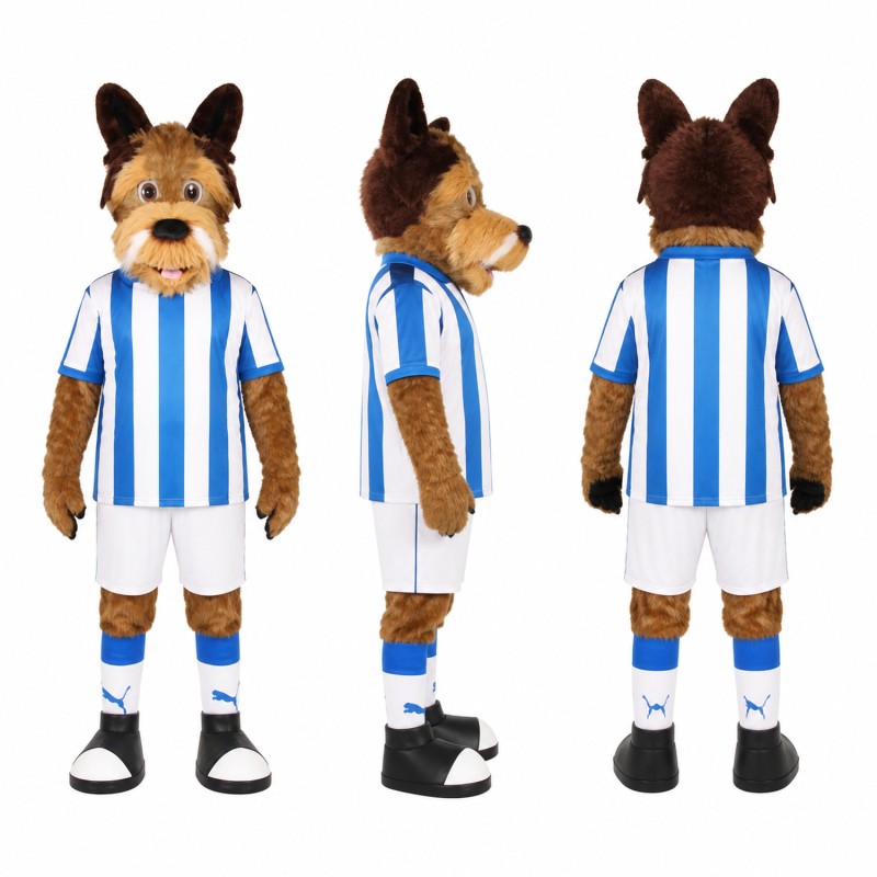Dog Soccer Player Mascot Costume in Brown with Blue Stripes Adult