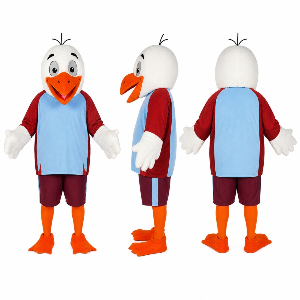 Goose Athlete Mascot Costume in White with Light Blue Shirt Adult