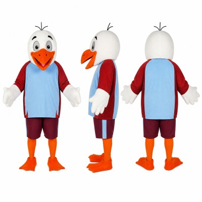 Goose Athlete Mascot Costume in White with Light Blue Shirt Adult
