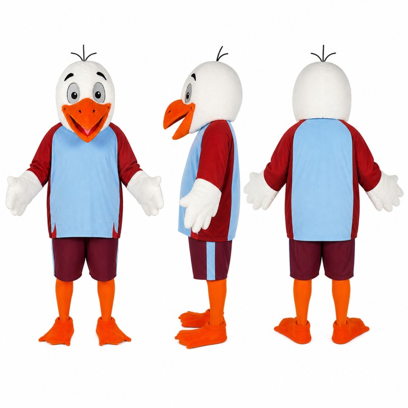 Goose Athlete Mascot Costume in White with Light Blue Shirt Adult