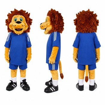 Lion Athlete Mascot Costume in Brown with Blue Uniform Adult