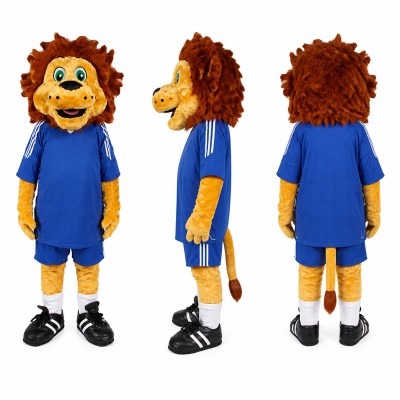 Lion Athlete Mascot Costume in Brown with Blue Uniform Adult
