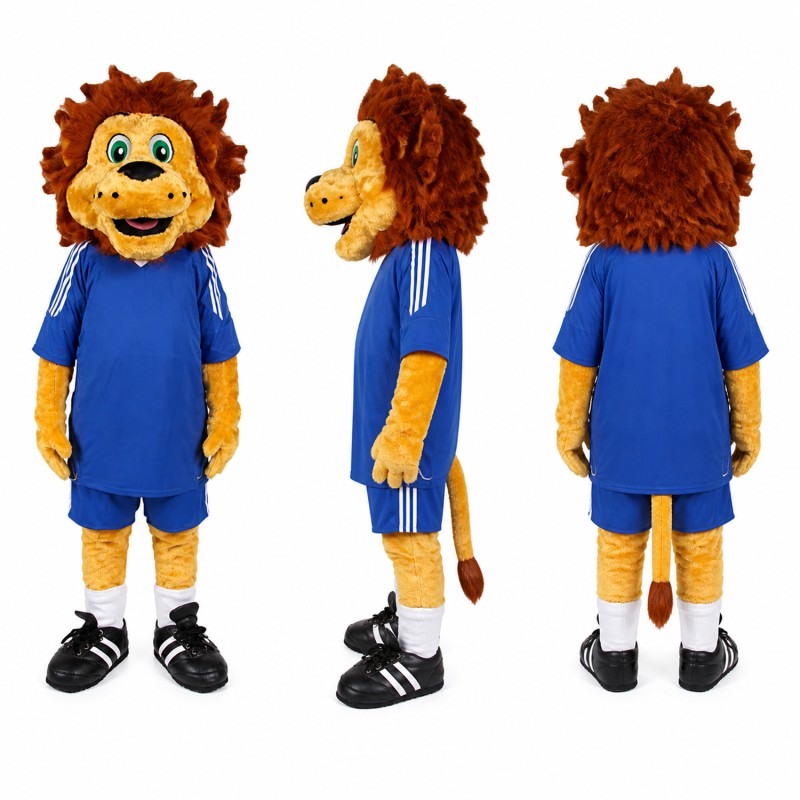 Lion Athlete Mascot Costume in Brown with Blue Uniform Adult