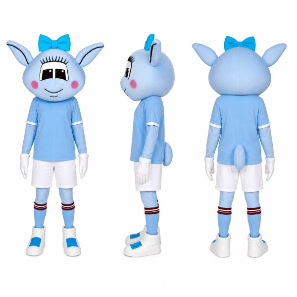 Horned Alien Athlete Mascot Costume in Light Blue and White Adult