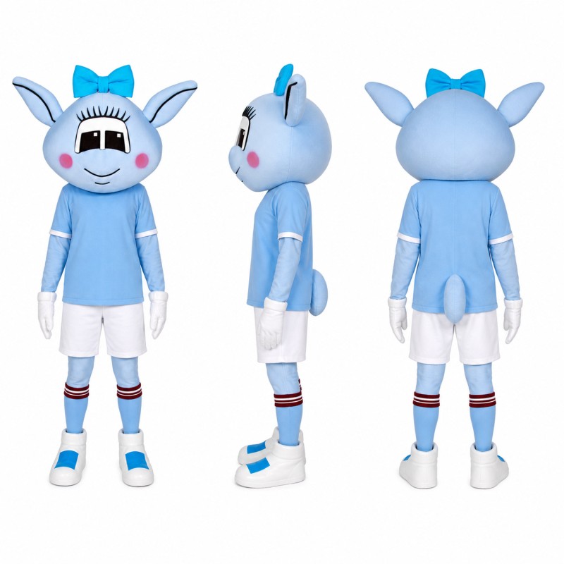 Horned Alien Athlete Mascot Costume in Light Blue and White Adult