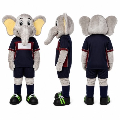 Elephant Athlete Mascot Costume in Gray with Navy Uniform Adult