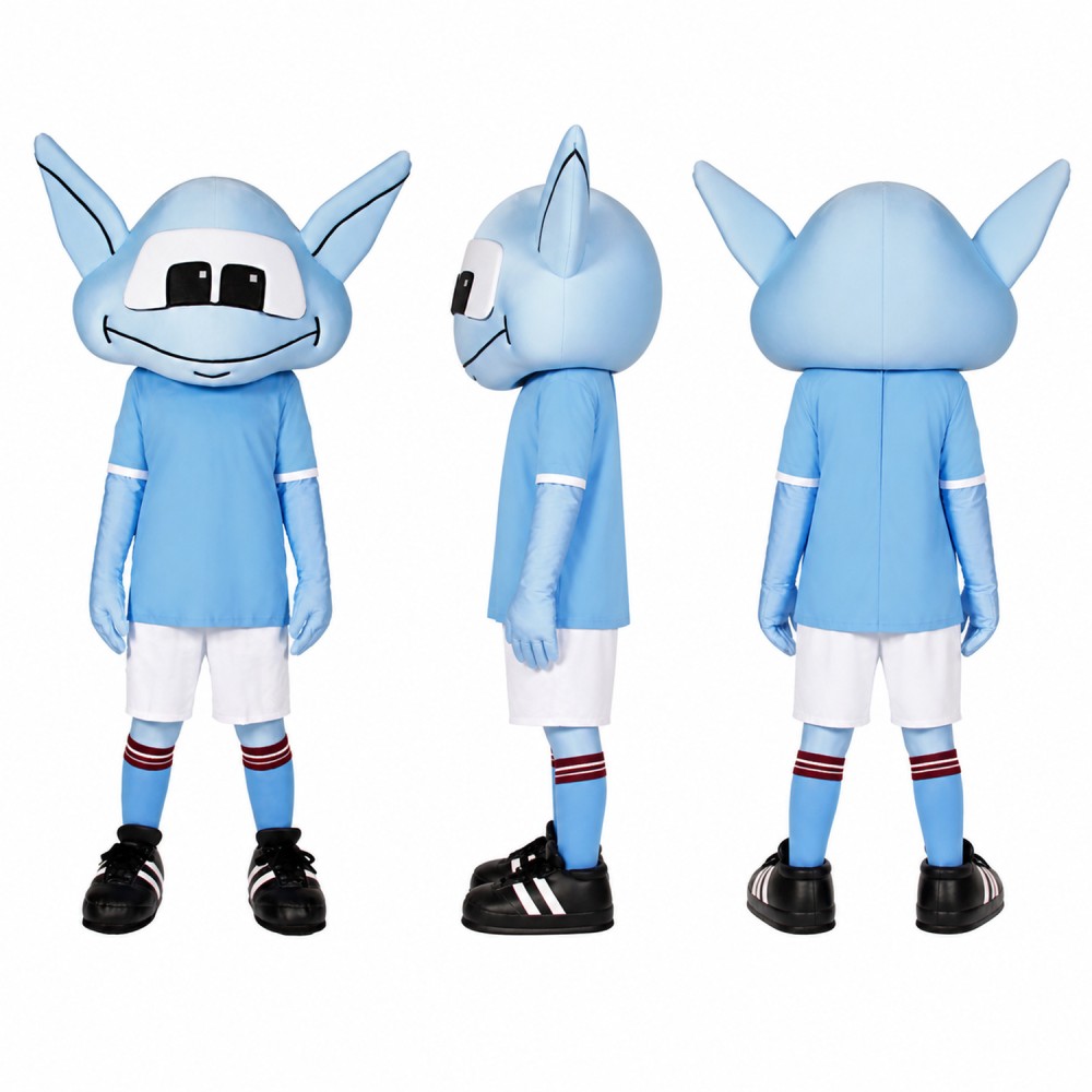 Horned Alien Athlete Mascot Costume in Light Blue and White Adult