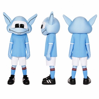 Horned Alien Athlete Mascot Costume in Light Blue and White Adult