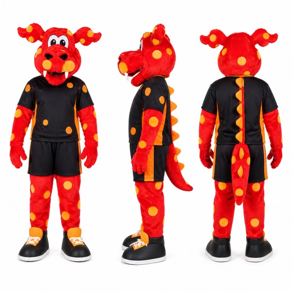 Dragon Athlete Mascot Costume in Red with Black Uniform Adult
