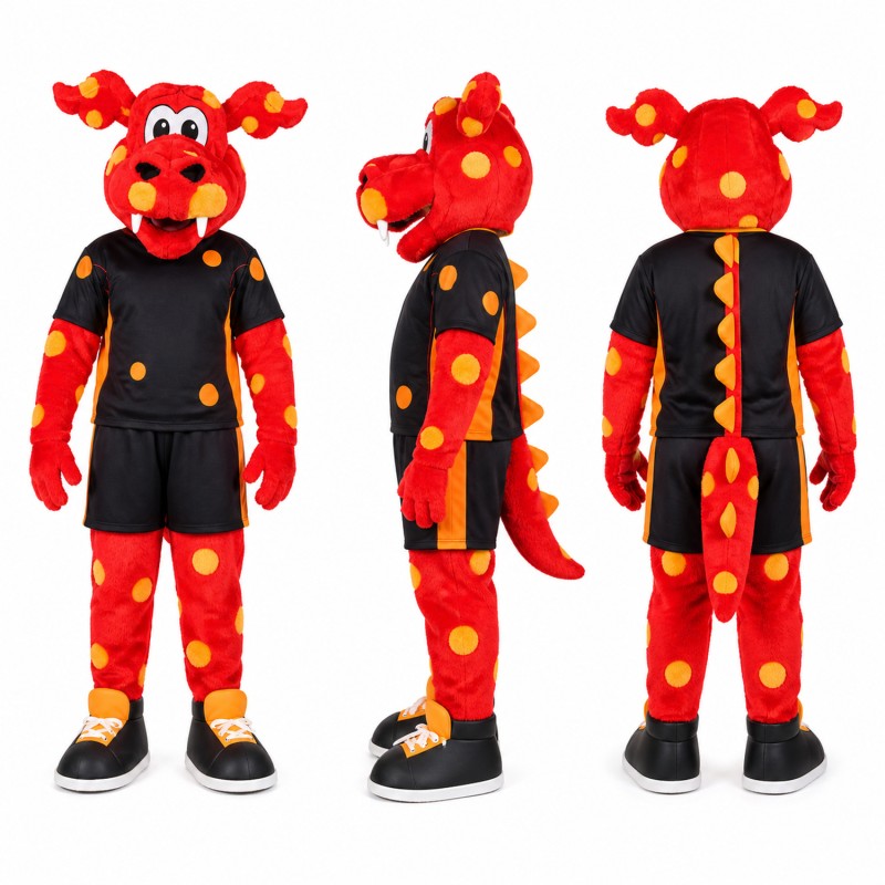 Dragon Athlete Mascot Costume in Red with Black Uniform Adult